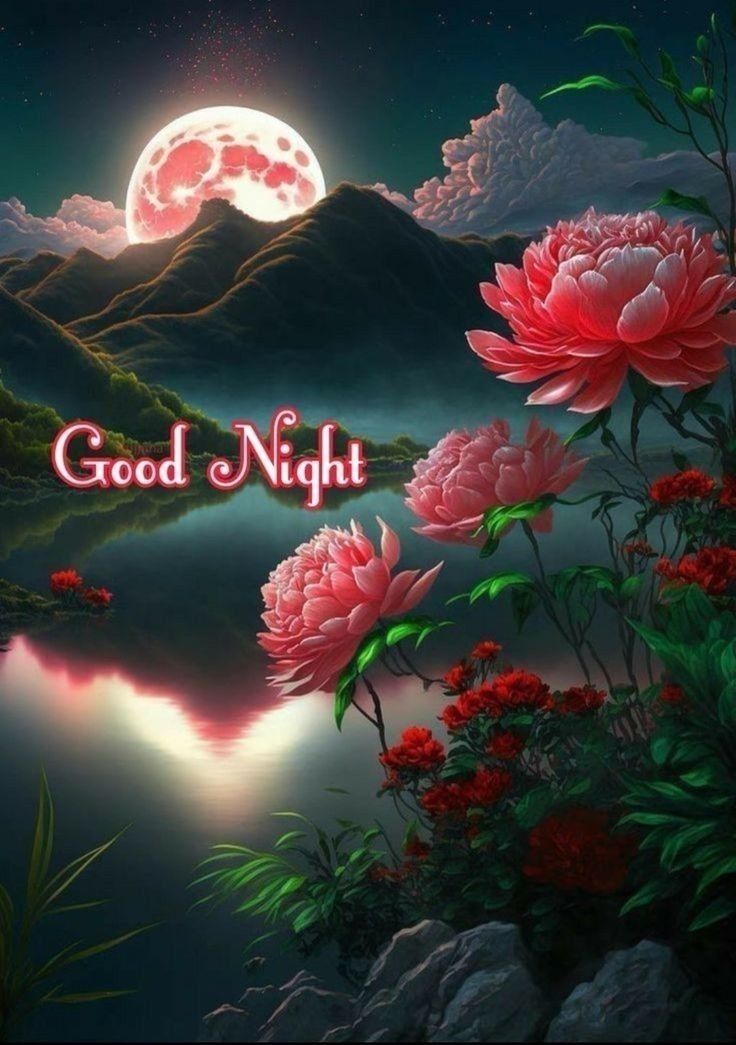Открытка «Доброй ночи»: Спокойной ночи: Лунная ночь и розовые пионы. Тэги: Спокойной ночи, Спокойной ночи, красивые…