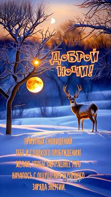 Открытка «Доброй ночи»: Доброй ночи: зимний олень и пожелание сладких снов.