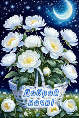 Открытка «Доброй ночи»: Доброй ночи: Белые пионы под звездным небом. Тэги: Спокойной ночи, пожелание, настроение…