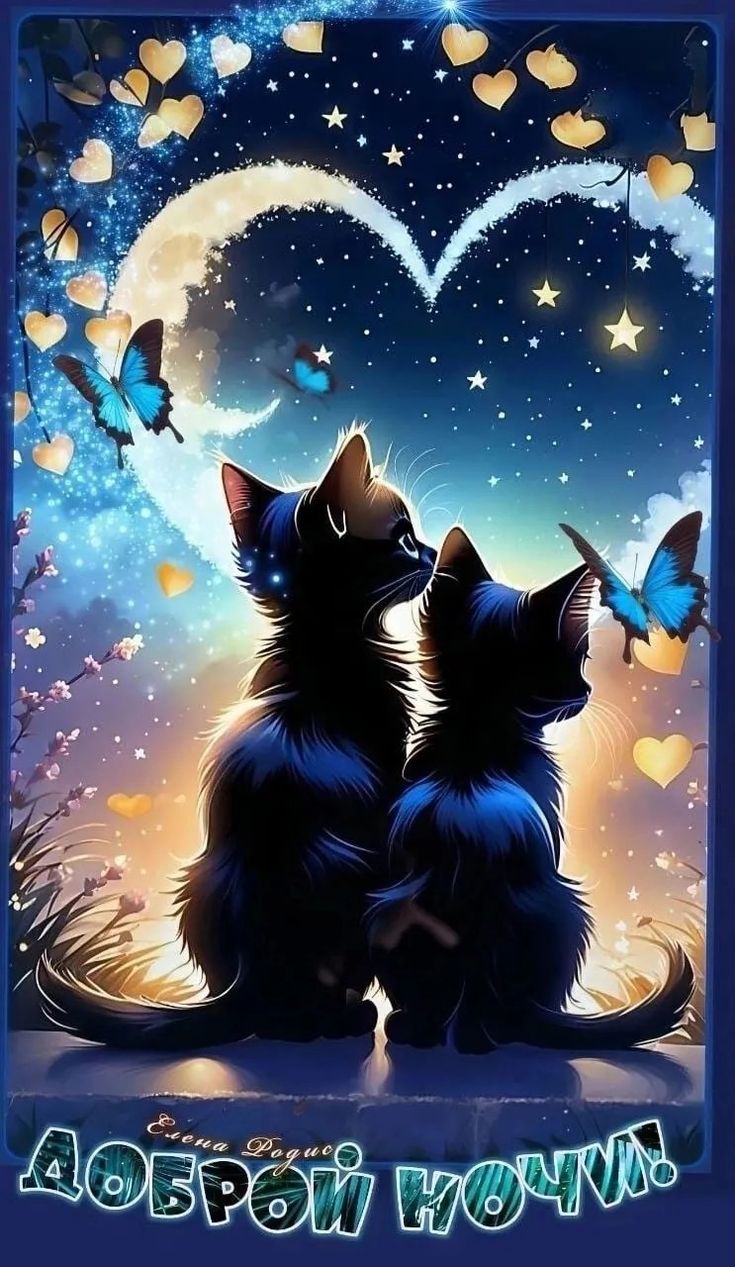 Открытка «Доброй ночи»: Доброй ночи: Волшебные коты под звездным небом. Тэги: Спокойной ночи, Спокойной ночи, красивые…
