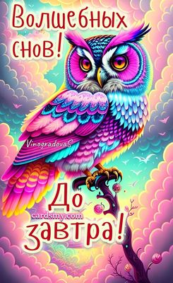 Открытка «Доброй ночи»: Спокойной ночи: Волшебных снов с яркой совой. Тэги: Спокойной ночи, Спокойной ночи, с пожелан…