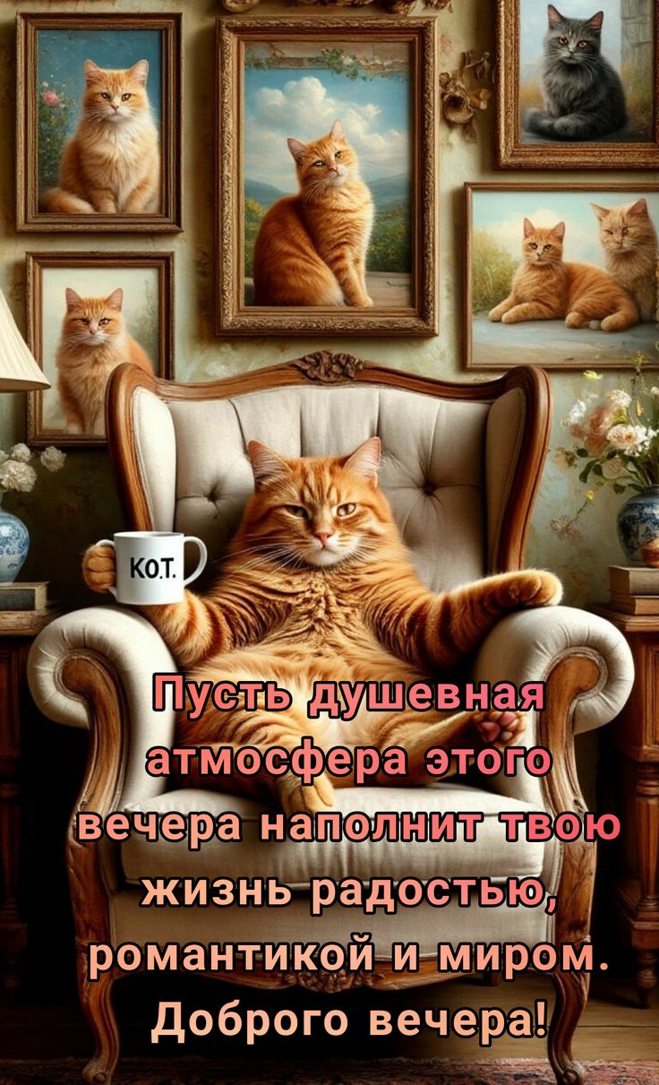 Открытка «Добрый вечер и пожелания»: Добрый вечер: «Душевный рыжий кот в кресле». Тэги: Прикольный добрый вечер…