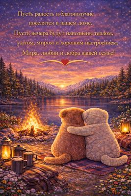 Открытка «Хорошего настроения»: Добрый вечер, мира и тепла вашей семье!. Тэги: пожелание, радость, кот, сердце, чай…