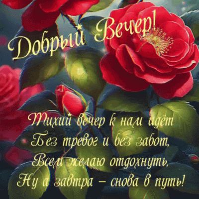 Открытка «Добрый вечер и пожелания»: Добрый вечер: красные розы и душевное пожелание. Тэги: Доброго вечера и хорошего…