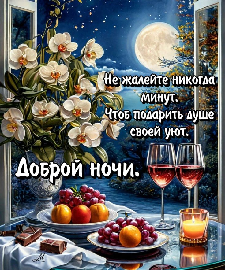 Открытка «Доброй ночи»: Доброй ночи: красивые орхидеи и пожелание уюта. Тэги: Спокойной ночи, Спокойной ночи, красивые…