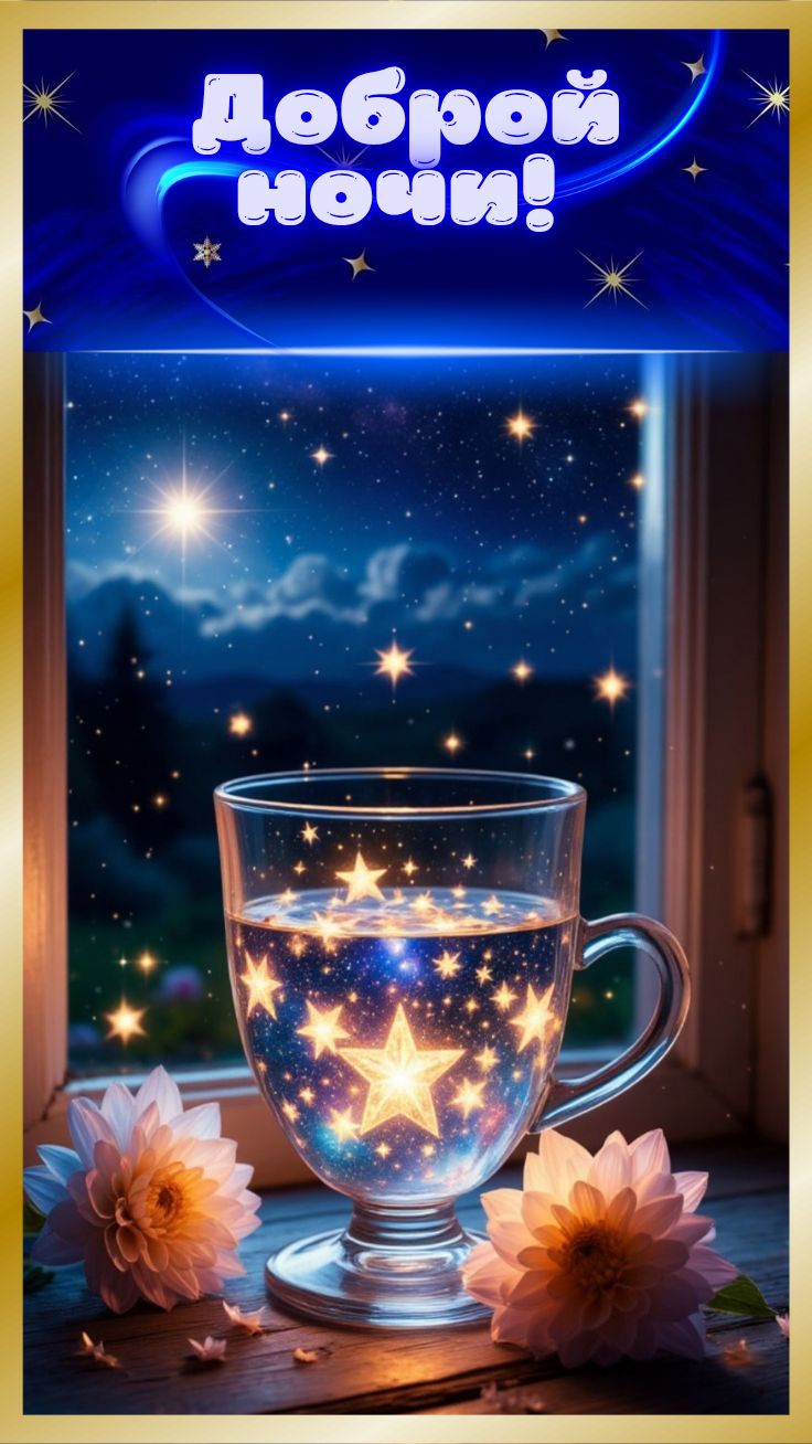 Открытка «Доброй ночи»: Доброй ночи: «Звездная чашка» у окна. Тэги: Спокойной ночи, Спокойной ночи, красивые, Спокойн…