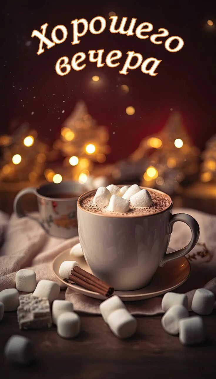 Открытка «Добрый вечер и пожелания»: Добрый вечер: уютная чашка какао с маршмэллоу. Тэги: Добрый зимний вечер, Доброг…