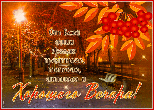 Открытка «Добрый вечер и пожелания»: Добрый вечер: «Осенний парк и рябина». Тэги: Доброго вечера и хорошего настроения…