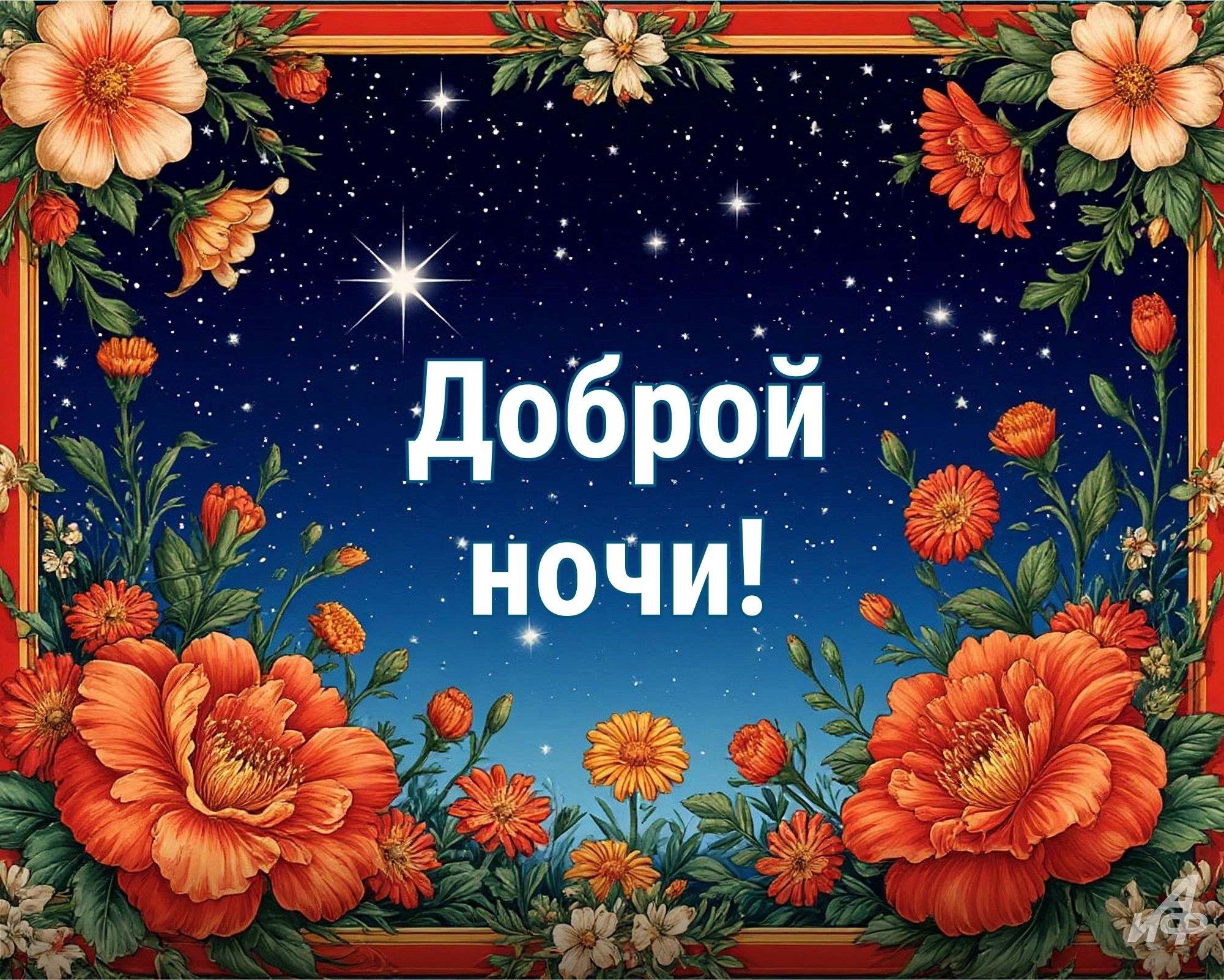Открытка «Доброй ночи»: Открытка «Доброй ночи» с цветами и звездным небом. Тэги: Спокойной ночи, пожелание, настроение…