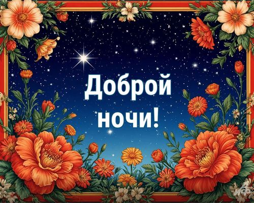 Открытка «Доброй ночи»: Открытка «Доброй ночи» с цветами и звездным небом. Тэги: Спокойной ночи, Спокойной ночи…
