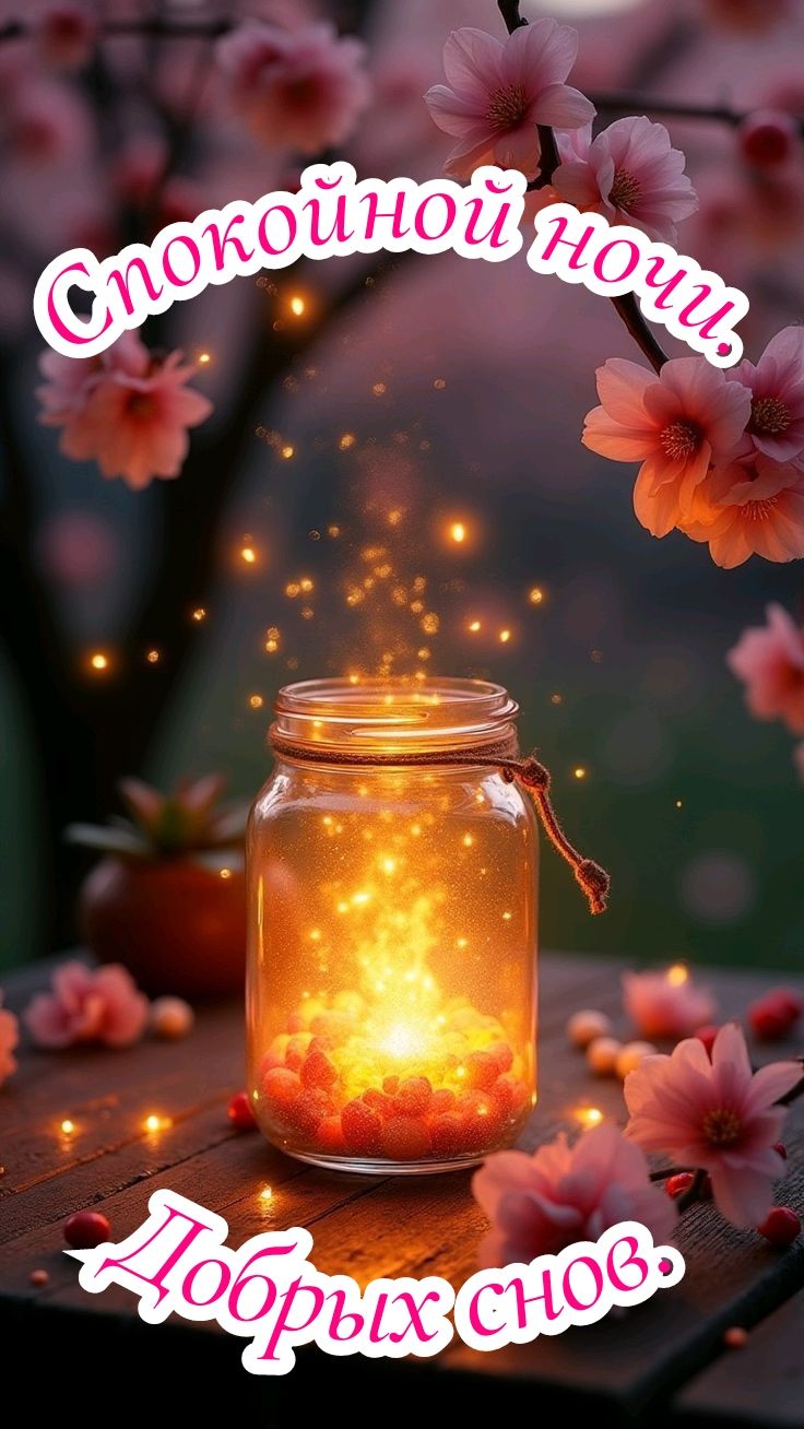 Открытка «Доброй ночи»: Спокойной ночи: Волшебная банка и цветы. Тэги: Спокойной ночи, Спокойной ночи, красивые…