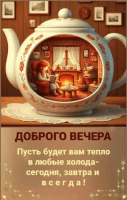 Открытка «Добрый вечер и пожелания»: Добрый вечер: Теплое пожелание в уютном чайнике. Тэги: Доброго вечера и хорошего…