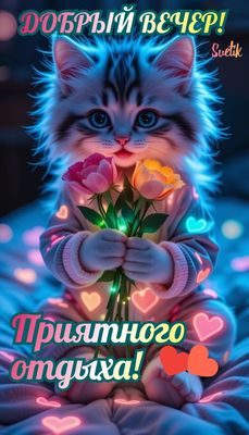 Открытка «Настроение»: Добрый вечер: милый котенок и приятный отдых. Тэги: радость, кот, надпись, рисунок, сердце…