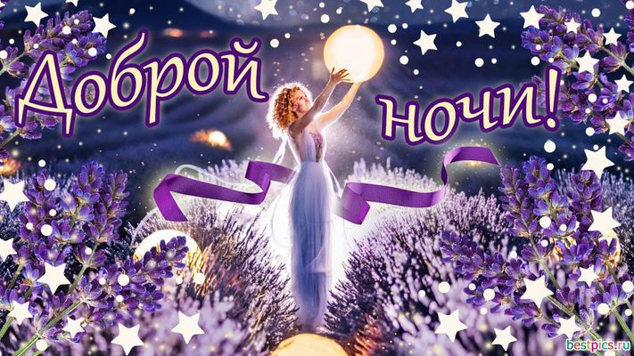 Открытка «Доброй ночи»: Доброй ночи: Волшебная открытка с лавандой и звездами. Тэги: Спокойной ночи, Спокойной ночи…