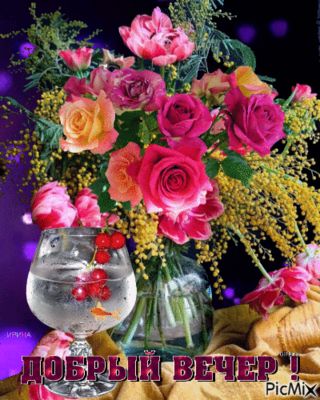 Открытка «Добрый вечер и пожелания»: Добрый вечер! Шикарный букет роз и пожелание. Тэги: Добрый вечер красивые…