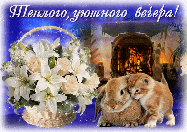 Открытка «Добрый вечер и пожелания»: Добрый вечер: «Тепла и уюта» с котенком и кроликом. Тэги: Доброго вечера и хорош…