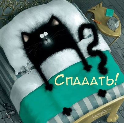 Открытка «Доброй ночи»: Спокойной ночи: прикольный черный кот в кроватке. Тэги: Спокойной ночи, Спокойной ночи…