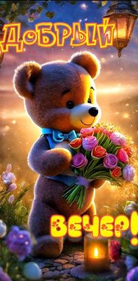 Открытка «Добрый вечер и пожелания»: Добрый вечер: милый мишка с букетом роз. Тэги: Прикольный добрый вечер, Доброго…