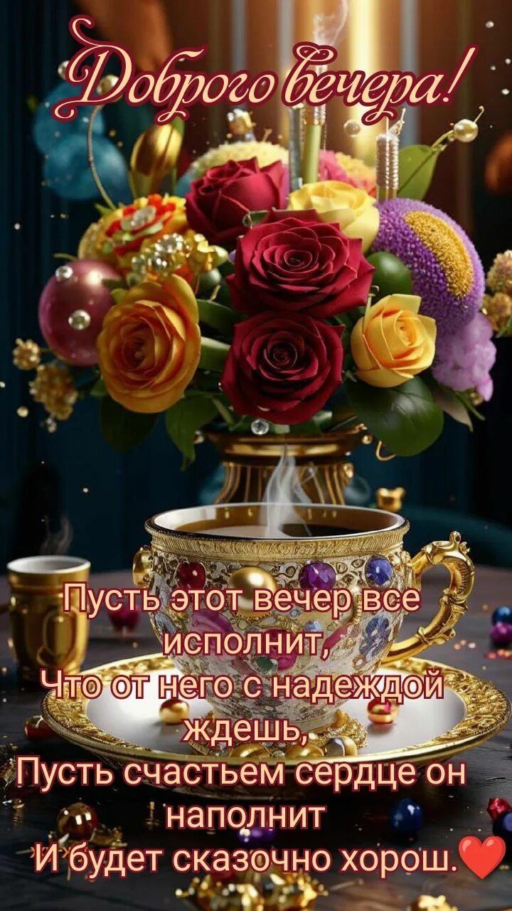 Открытка «Добрый вечер и пожелания»: Добрый вечер: «Сказочный букет и кофе» для настроения. Тэги: Добрый вечер красив…