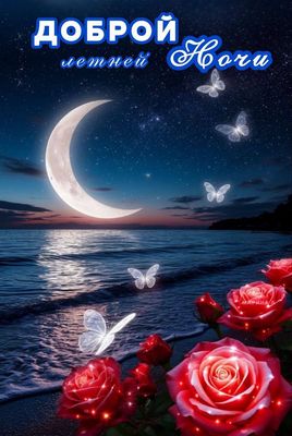 Открытка «Доброй ночи»: Доброй ночи: Нежная летняя открытка с розами. Тэги: Спокойной ночи, пожелание, надпись…