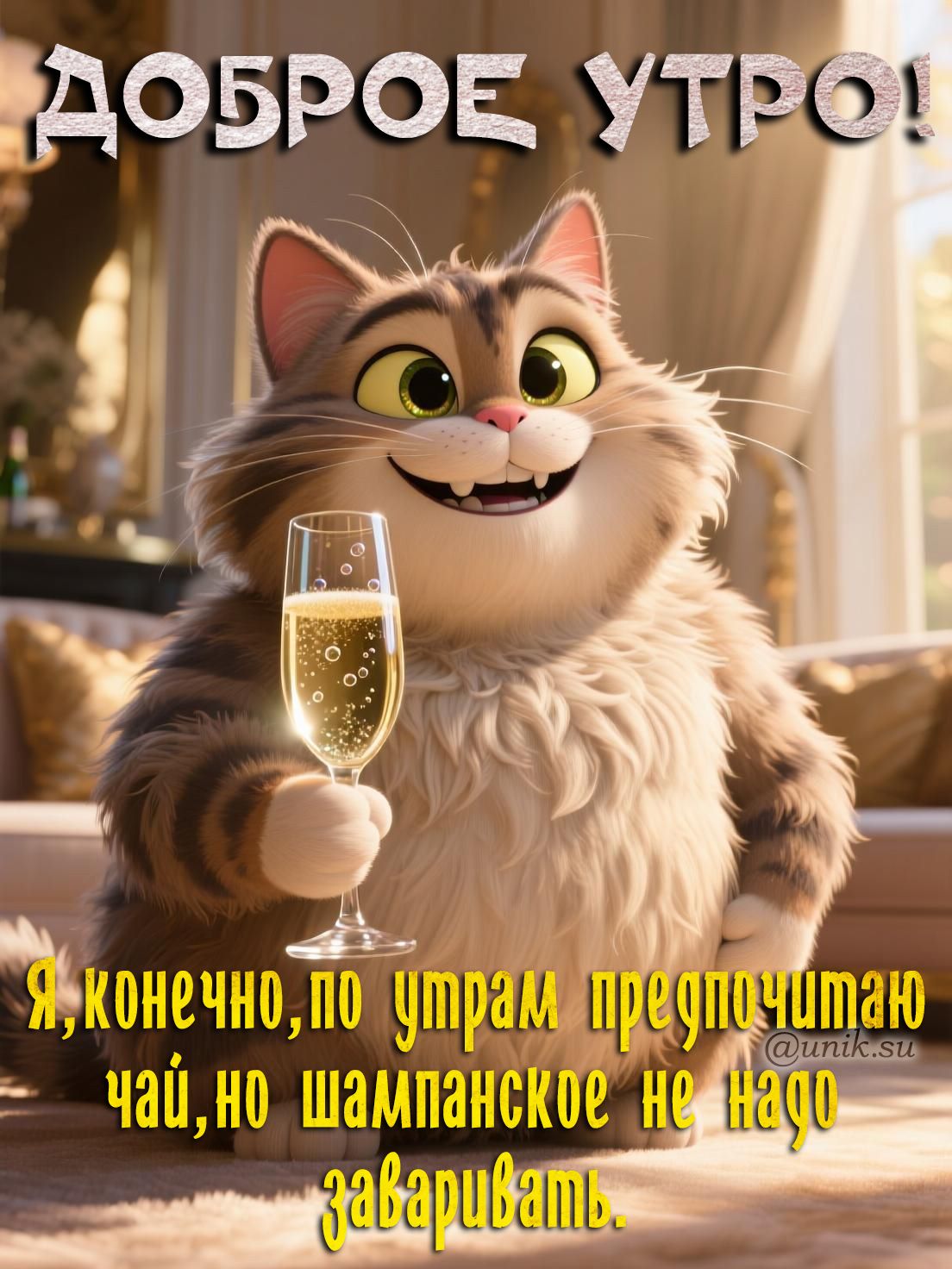 Открытка «С добрым утром»: С добрым утром: прикольный пушистый кот с бокалом. Тэги: Отличного настроения, Хорошего на…