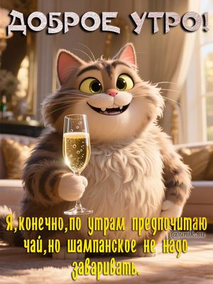 Открытка «С добрым утром»: С добрым утром: прикольный пушистый кот с бокалом. Тэги: Отличного настроения, Хорошего на…
