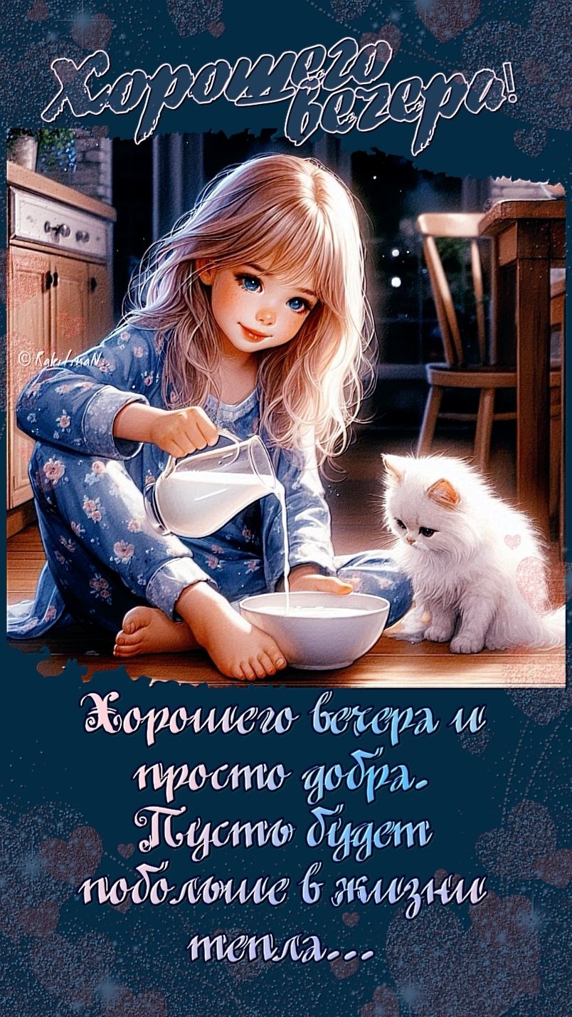 Открытка «Добрый вечер и пожелания»: Добрый вечер! Милая открытка с девочкой и котенком. Тэги: Добрый вечер красивые…