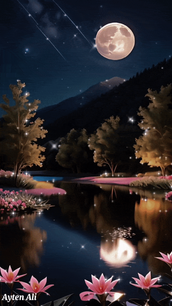 Открытка «Доброй ночи»: Спокойной ночи: Волшебная ночь у озера и полная луна. Тэги: Спокойной ночи, Спокойной ночи…