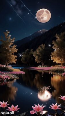 Открытка «Доброй ночи»: Спокойной ночи: Волшебная ночь у озера и полная луна. Тэги: Спокойной ночи, Спокойной ночи…