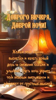 Открытка «Доброй ночи»: Доброго вечера и доброй ночи: уютная лампа и пожелание. Тэги: Спокойной ночи, Добрый вечер и…