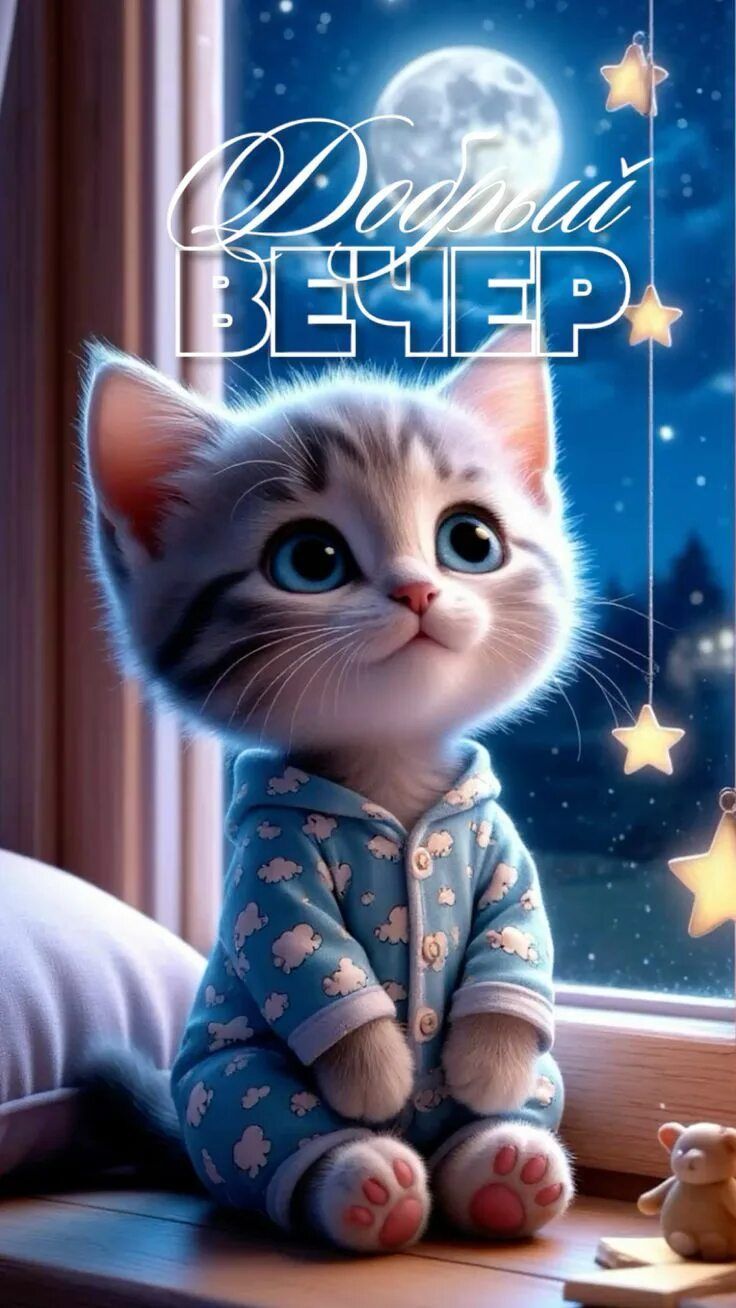 Открытка «Добрый вечер и пожелания»: Добрый вечер: милый котенок в пижаме у окна. Тэги: Доброго вечера и хорошего нас…