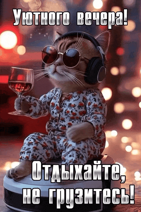 Открытка «Добрый вечер и пожелания»: Добрый вечер: «Кот в наушниках и с бокалом». Тэги: Прикольный добрый вечер…