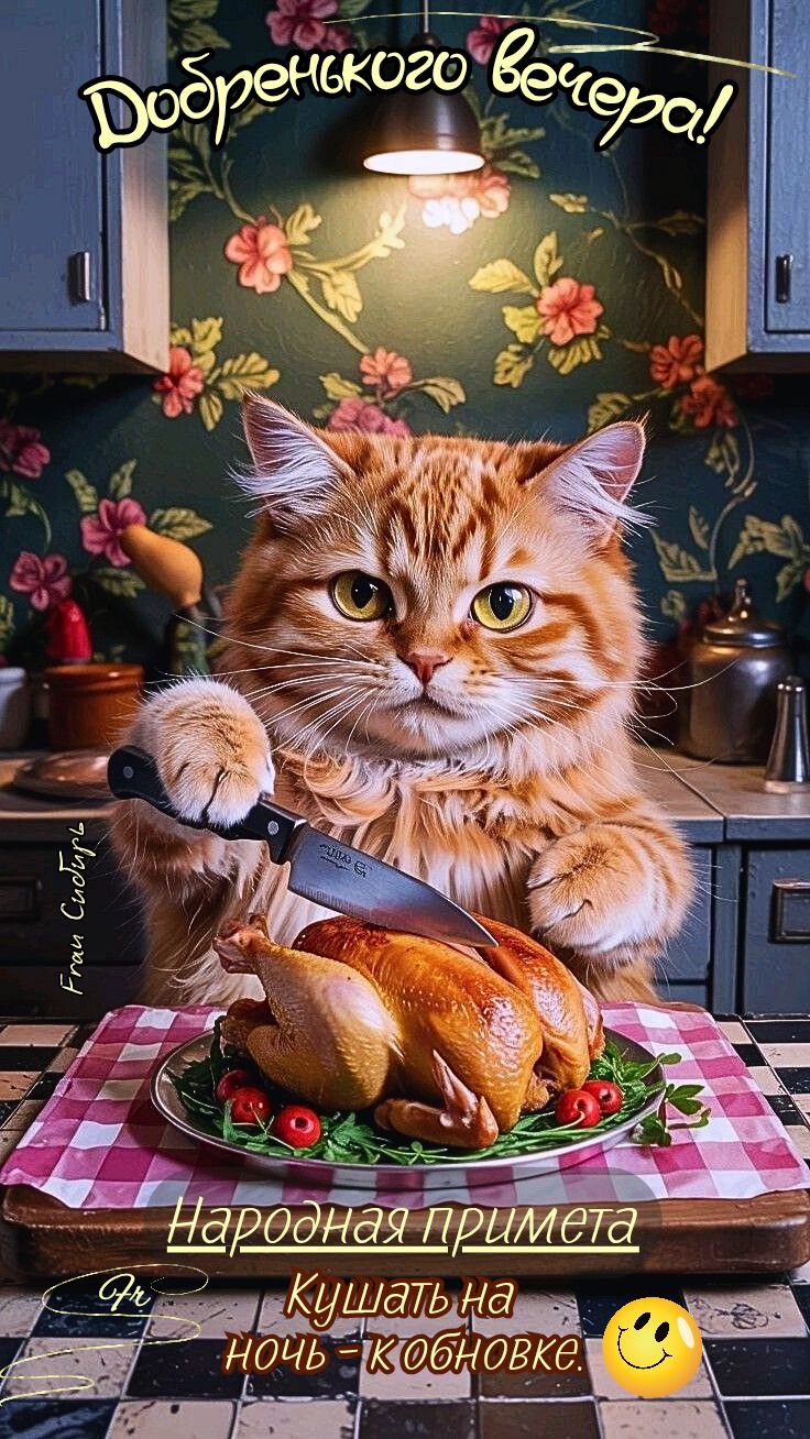 Открытка «Добрый вечер и пожелания»: Добрый вечер: «Народная примета» с рыжим котом. Тэги: Прикольный добрый вечер…