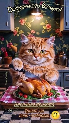 Открытка «Добрый вечер и пожелания»: Добрый вечер: «Народная примета» с рыжим котом. Тэги: Прикольный добрый вечер…