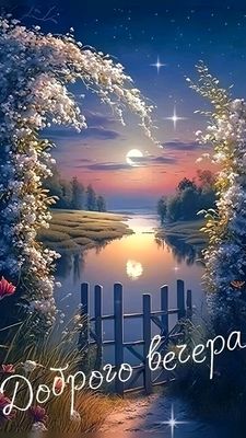 Открытка «Добрый вечер и пожелания»: Добрый вечер: Волшебный пейзаж у реки с цветами. Тэги: Добрый вечер красивые…