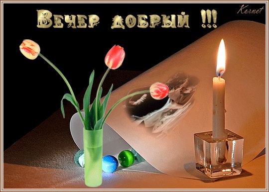 Открытка «Добрый вечер и пожелания»: Добрый вечер: «Свеча и грациозные тюльпаны». Тэги: Добрый вечер красивые, Доброг…
