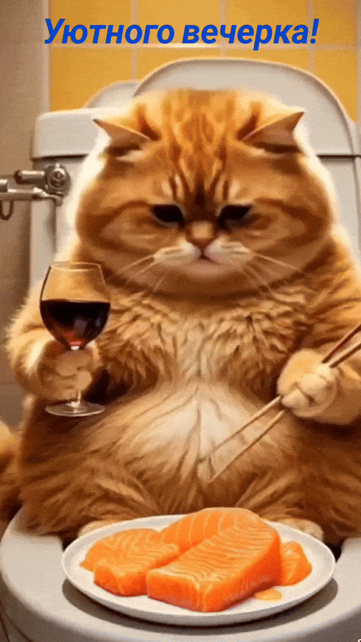 Открытка «Хорошего настроения»: Добрый вечер: пушистый кот с ужином. Тэги: пожелание, смешной, прикольный, забавный…