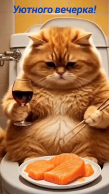 Открытка «Хорошего настроения»: Добрый вечер: пушистый кот с ужином. Тэги: пожелание, смешной, прикольный, забавный…