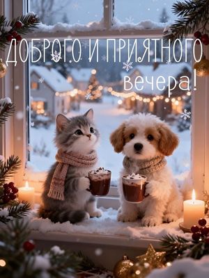 Открытка «Добрый вечер и пожелания»: Добрый вечер: милые котенок и щенок с какао. Тэги: Добрый зимний вечер, Добрый в…