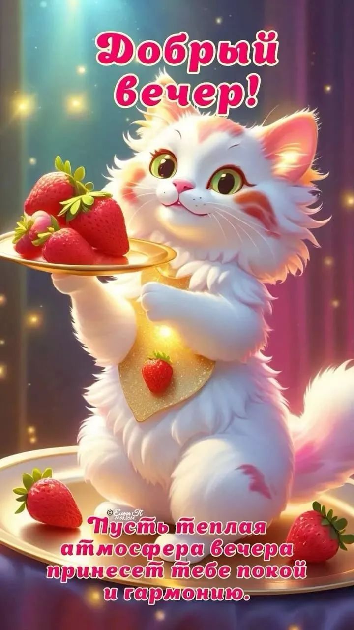 Открытка «Добрый вечер и пожелания»: Добрый вечер! Милый белый котик с клубникой. Тэги: Добрый вечер красивые, Добрый…
