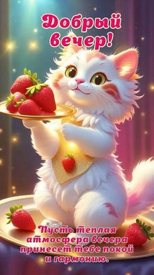Открытка «Добрый вечер и пожелания»: Добрый вечер! Милый белый котик с клубникой. Тэги: Добрый вечер красивые, Добрый…