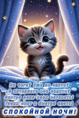Открытка «Доброй ночи»: Спокойной ночи: милый котенок и пожелание сна. Тэги: Спокойной ночи, пожелание, смешной…