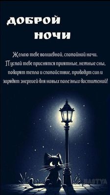Открытка «Доброй ночи»: Доброй ночи: милый черный кот у фонаря. Тэги: Спокойной ночи, пожелание, кот, надпись, рисунок…
