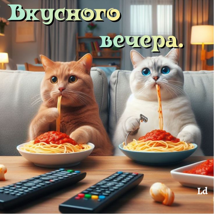 Открытка «Хорошего настроения»: Добрый вечер и приятного аппетита: смешные коты с пастой. Тэги: пожелание, отличный…