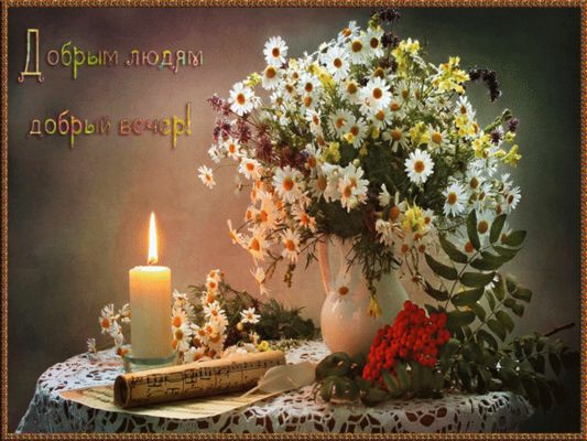 Открытка «Добрый вечер и пожелания»: Добрый вечер: натюрморт с ромашками и свечой. Тэги: Добрый вечер красивые…