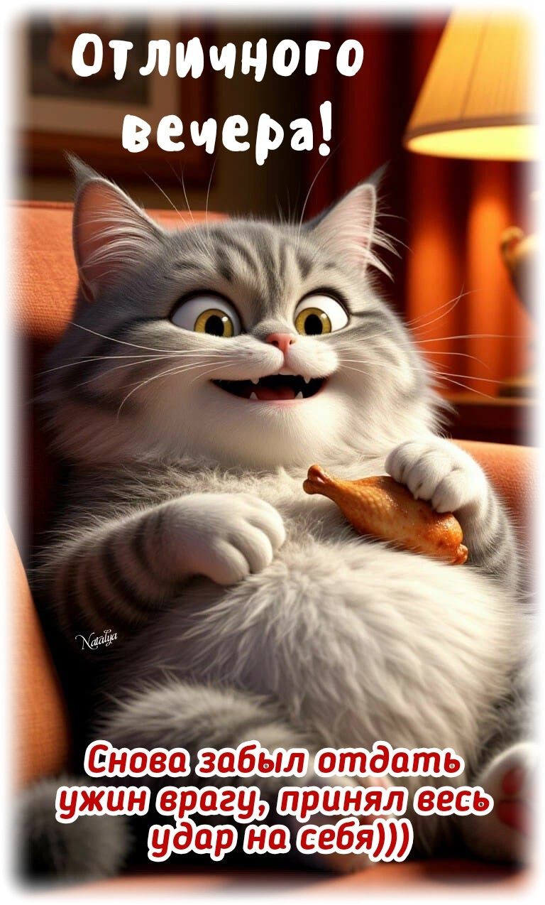 Открытка «Мужской»: Добрый вечер: «Смешной кот и вкусный ужин». Тэги: Добрый вечер и пожелания, Добрый вечер женщине…