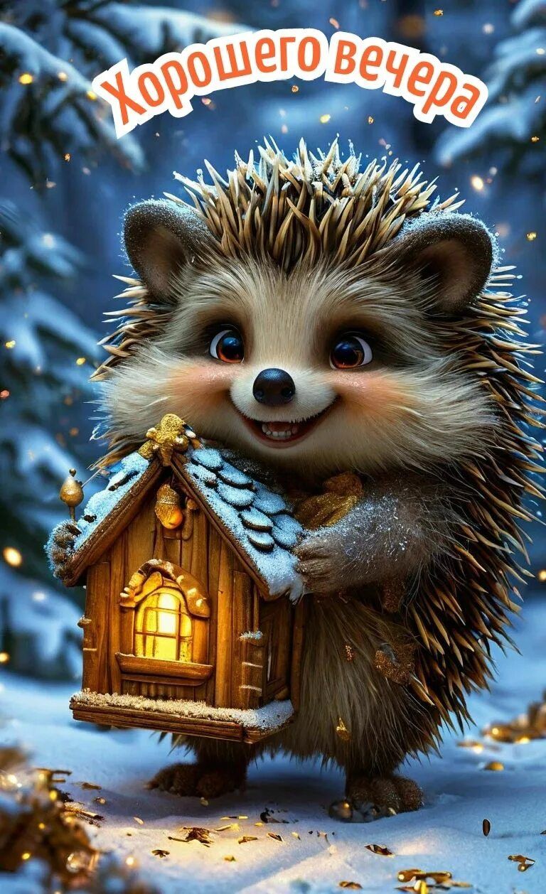 Открытка «Добрый вечер и пожелания»: Добрый вечер: «Милый ежик с домиком» в зимнем лесу. Тэги: Добрый зимний вечер…