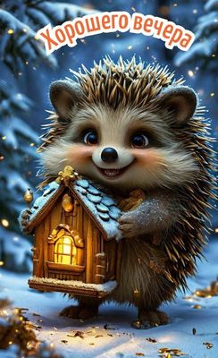 Открытка «Добрый вечер и пожелания»: Добрый вечер: «Милый ежик с домиком» в зимнем лесу. Тэги: Добрый зимний вечер…