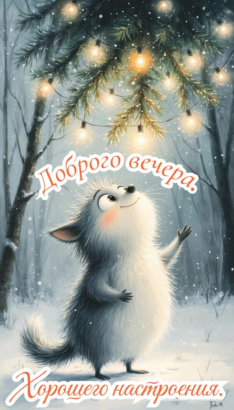 Открытка «Добрый вечер и пожелания»: Добрый вечер и хорошего настроения с милым ежиком. Тэги: Добрый зимний вечер…