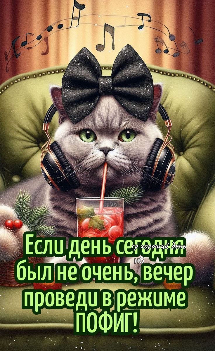 Открытка «Настроение»: Добрый вечер: позитивная открытка с котиком в наушниках. Тэги: позитивный, смешной, прикольный…